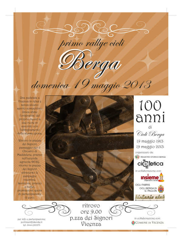Primo rallye Cicli Berga,  domenica 19 maggio per i 100 anni  della storica azienda